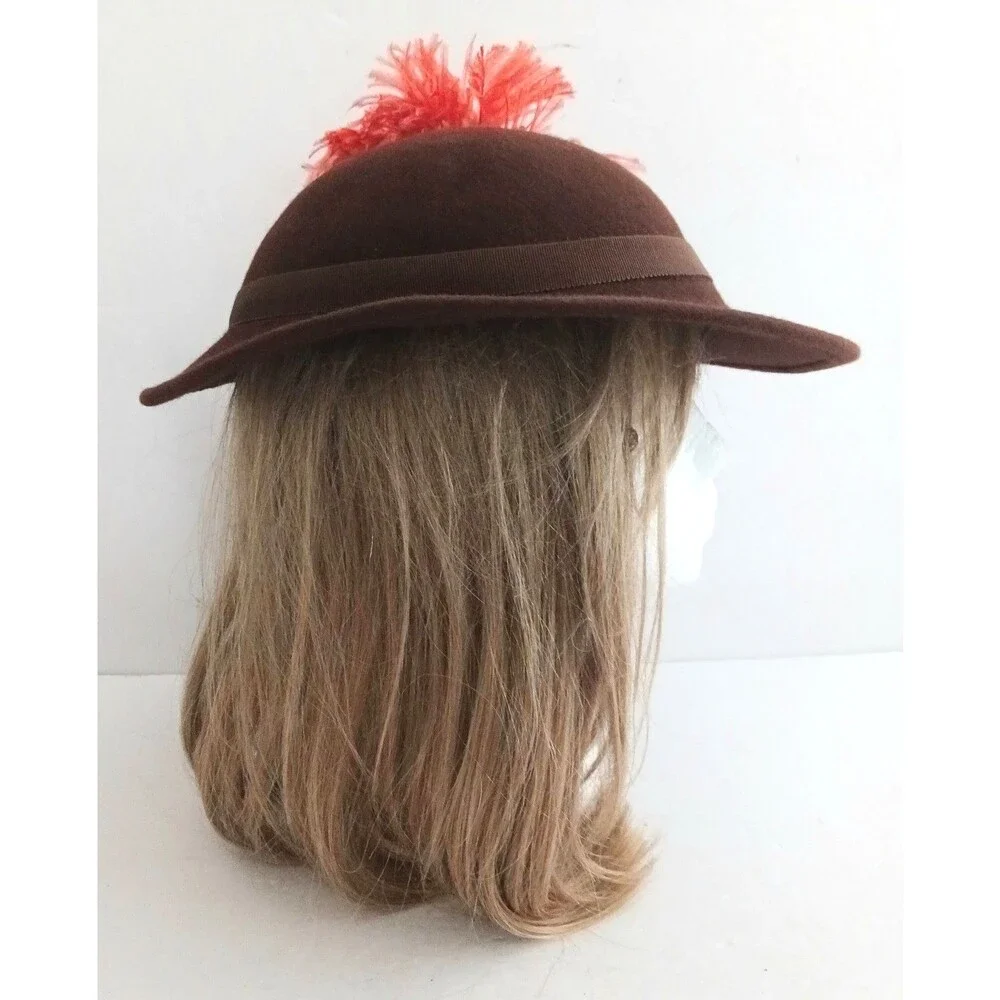 VTG Miss Rose Brown Felt Wool Hat Orange Feather Plume Trim O/S